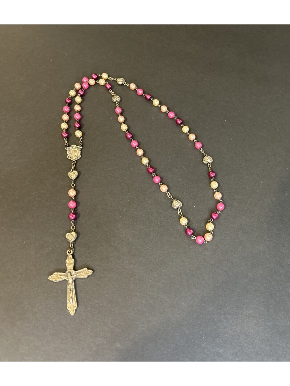 Vintage Sterling Silver Pink/Cream Glass Bead Virgin Mary Rosary - Catholic